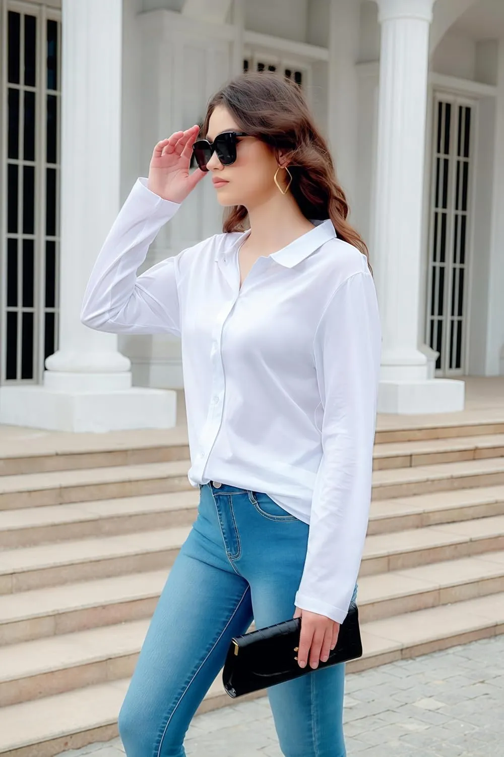 Women's Cotton Basic Button Down Shirt Long Sleeve Wrinkle Free Collared Blouse Lightweight Soft Comfortable Jersey Knit Tops