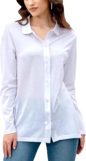 Women's Cotton Basic Button Down Shirt Long Sleeve Wrinkle Free Collared Blouse Lightweight Soft Comfortable Jersey Knit Tops
