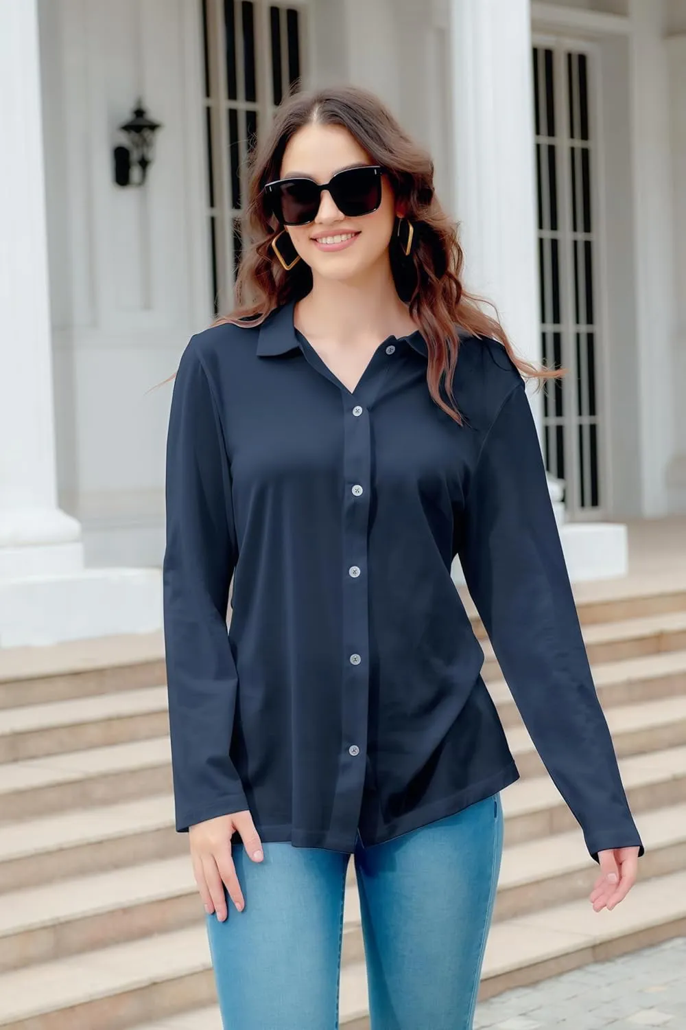 Women's Cotton Basic Button Down Shirt Long Sleeve Wrinkle Free Collared Blouse Lightweight Soft Comfortable Jersey Knit Tops