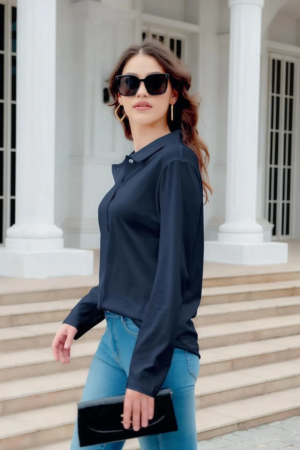 Women's Cotton Basic Button Down Shirt Long Sleeve Wrinkle Free Collared Blouse Lightweight Soft Comfortable Jersey Knit Tops