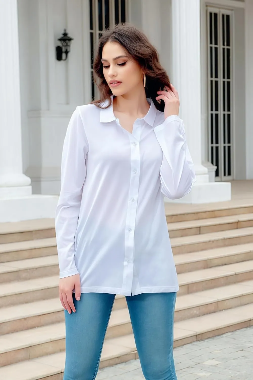 Women's Cotton Basic Button Down Shirt Long Sleeve Wrinkle Free Collared Blouse Lightweight Soft Comfortable Jersey Knit Tops