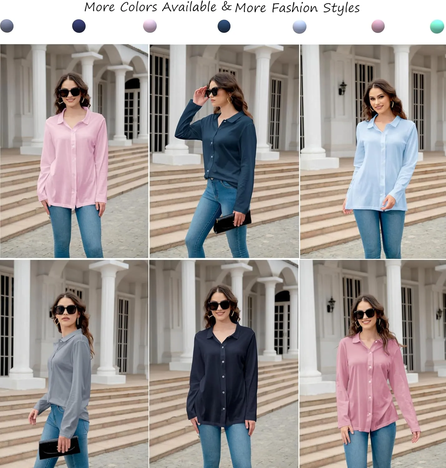 Women's Cotton Basic Button Down Shirt Long Sleeve Wrinkle Free Collared Blouse Lightweight Soft Comfortable Jersey Knit Tops