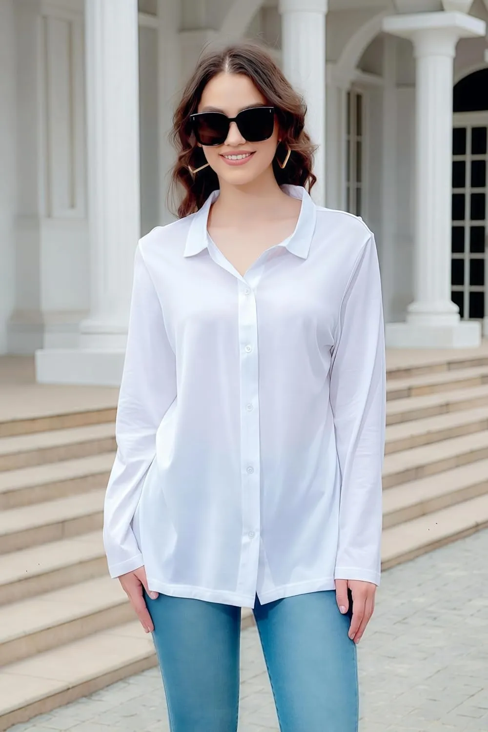 Women's Cotton Basic Button Down Shirt Long Sleeve Wrinkle Free Collared Blouse Lightweight Soft Comfortable Jersey Knit Tops