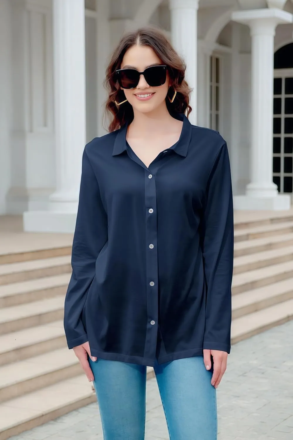 Women's Cotton Basic Button Down Shirt Long Sleeve Wrinkle Free Collared Blouse Lightweight Soft Comfortable Jersey Knit Tops