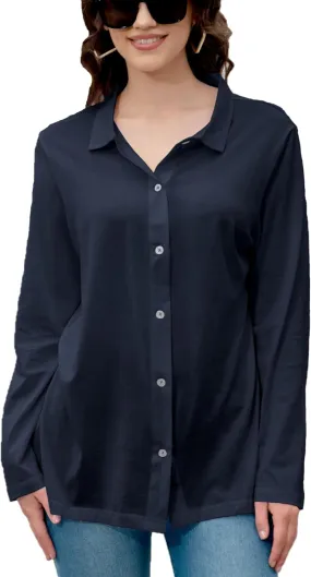 Women's Cotton Basic Button Down Shirt Long Sleeve Wrinkle Free Collared Blouse Lightweight Soft Comfortable Jersey Knit Tops