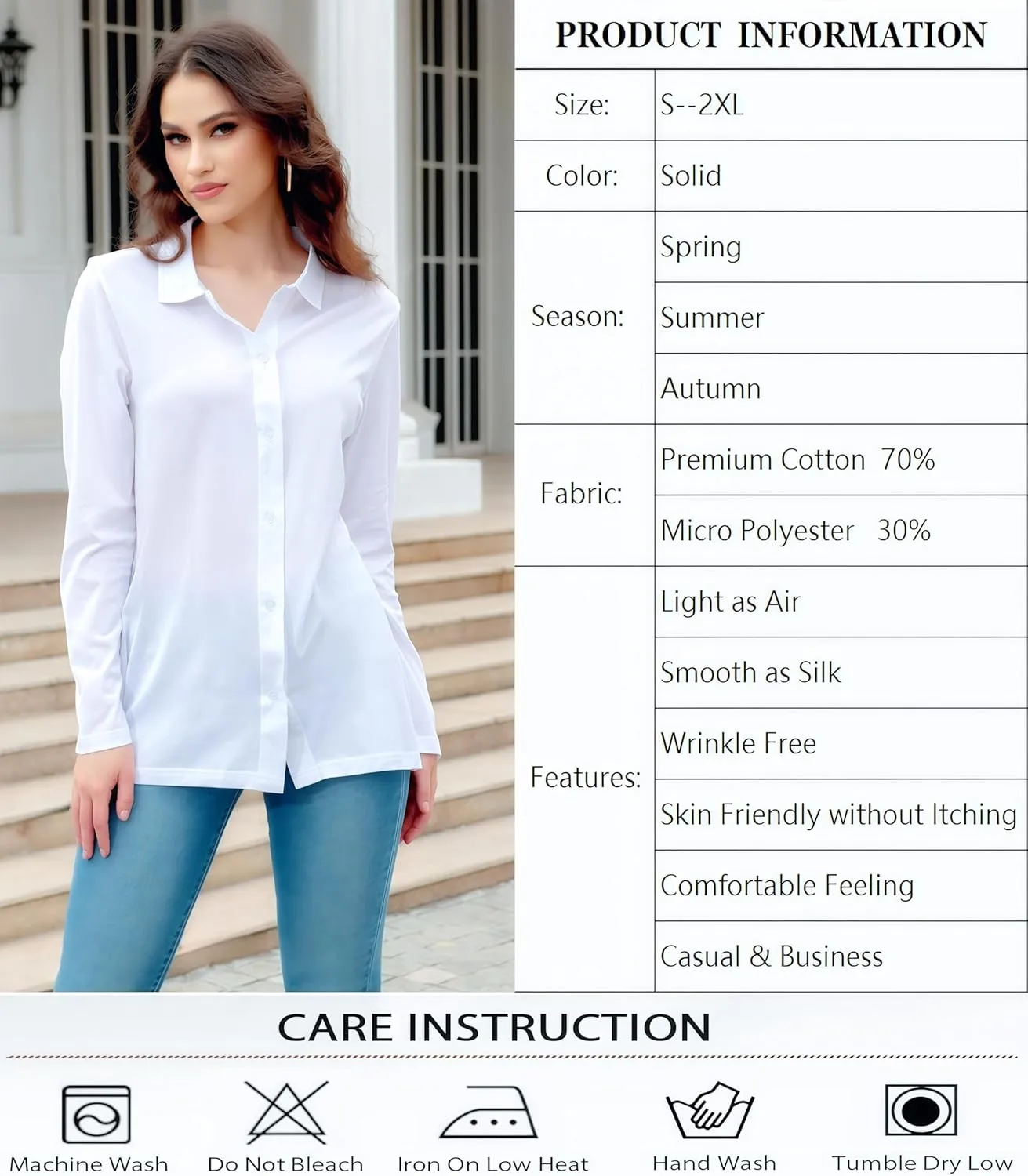 Women's Cotton Basic Button Down Shirt Long Sleeve Wrinkle Free Collared Blouse Lightweight Soft Comfortable Jersey Knit Tops