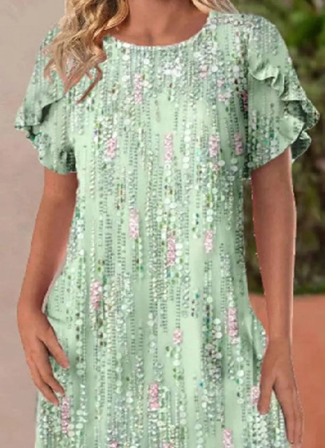 Womens Crew Neck Floral Print Short Ruffle Sleeve Midi Dress Fashion Shift Semi Casual Beach Party Dress