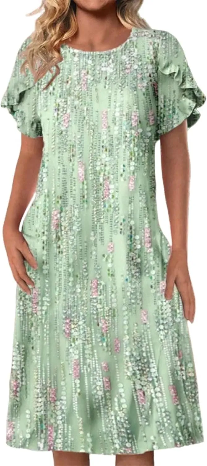 Womens Crew Neck Floral Print Short Ruffle Sleeve Midi Dress Fashion Shift Semi Casual Beach Party Dress