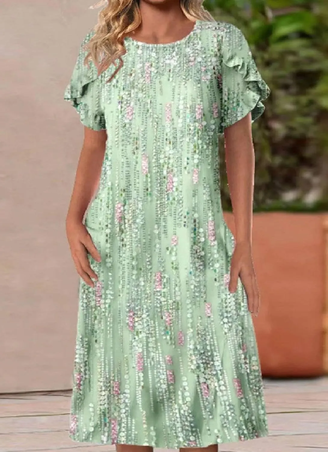 Womens Crew Neck Floral Print Short Ruffle Sleeve Midi Dress Fashion Shift Semi Casual Beach Party Dress