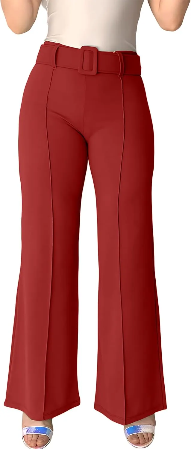 Women's High Waisted Dress Pants with Belt - Comfortable and Flexible Fit, with Stretch, Ideal for Office, Party and Date