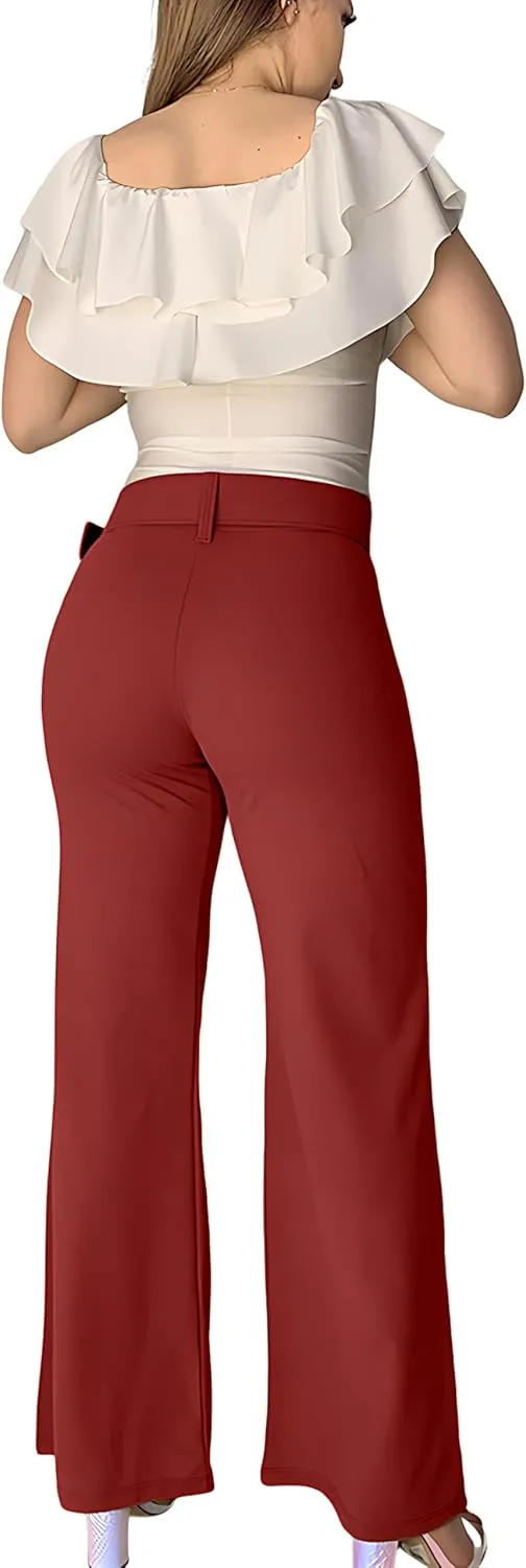 Women's High Waisted Dress Pants with Belt - Comfortable and Flexible Fit, with Stretch, Ideal for Office, Party and Date