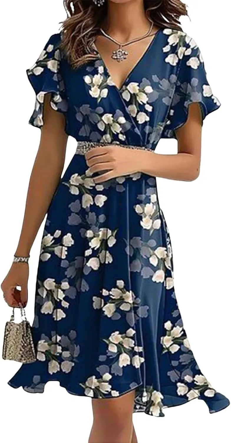 Women's Navy Blue Floral Print Short Sheer Sleeve Crewneck Midi Dress Elegant Casual 2025 Summer Fashion Clothes