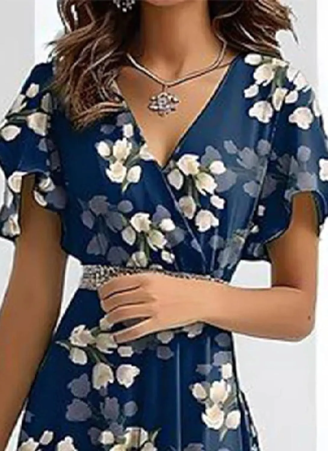 Women's Navy Blue Floral Print Short Sheer Sleeve Crewneck Midi Dress Elegant Casual 2025 Summer Fashion Clothes
