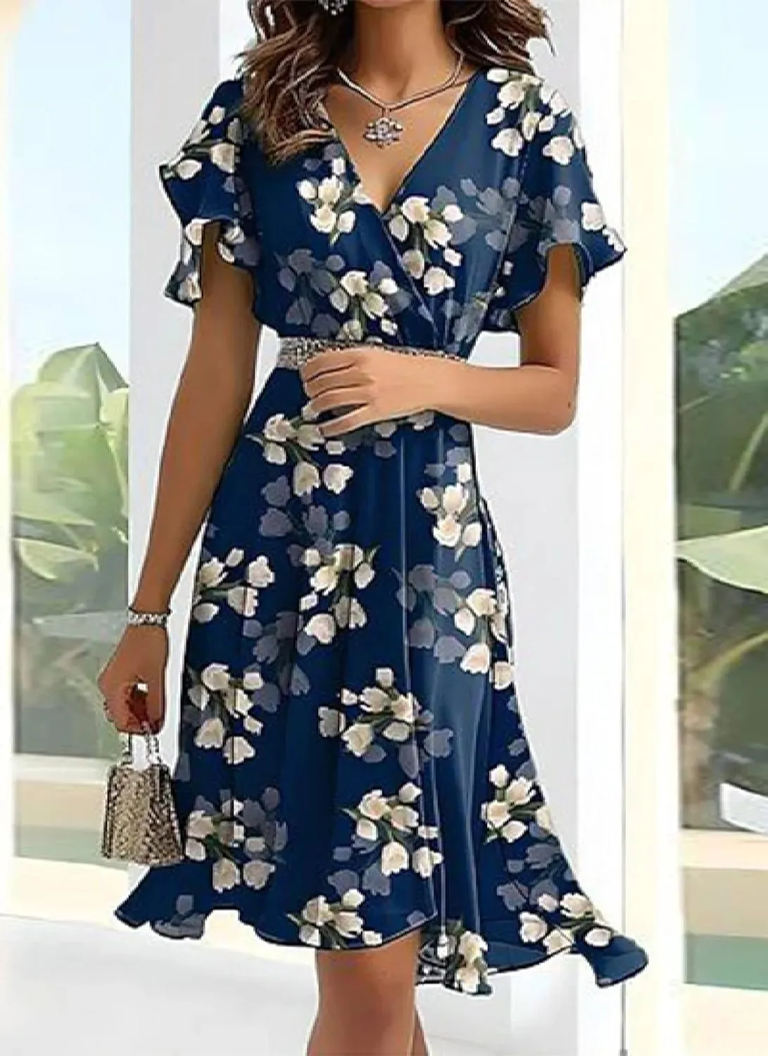 Women's Navy Blue Floral Print Short Sheer Sleeve Crewneck Midi Dress Elegant Casual 2025 Summer Fashion Clothes