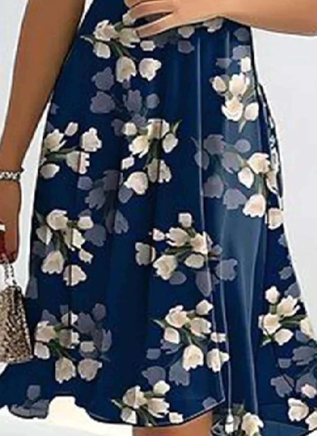 Women's Navy Blue Floral Print Short Sheer Sleeve Crewneck Midi Dress Elegant Casual 2025 Summer Fashion Clothes
