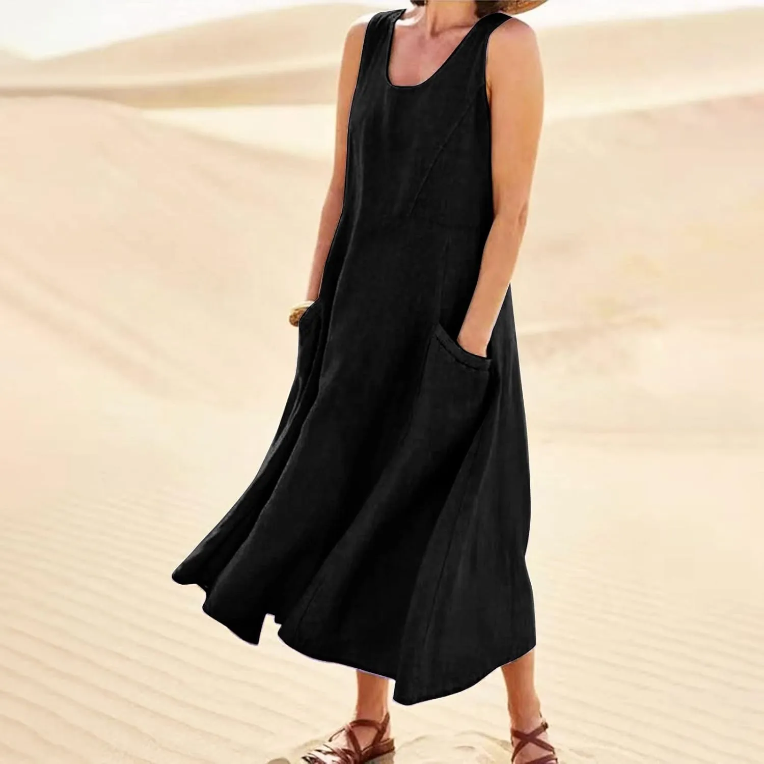 Women's Plus Size Summer Dresses Beach Sleeveless Cotton Linen Maxi Dress Flowy Boho Chic Casual Wear with Pockets