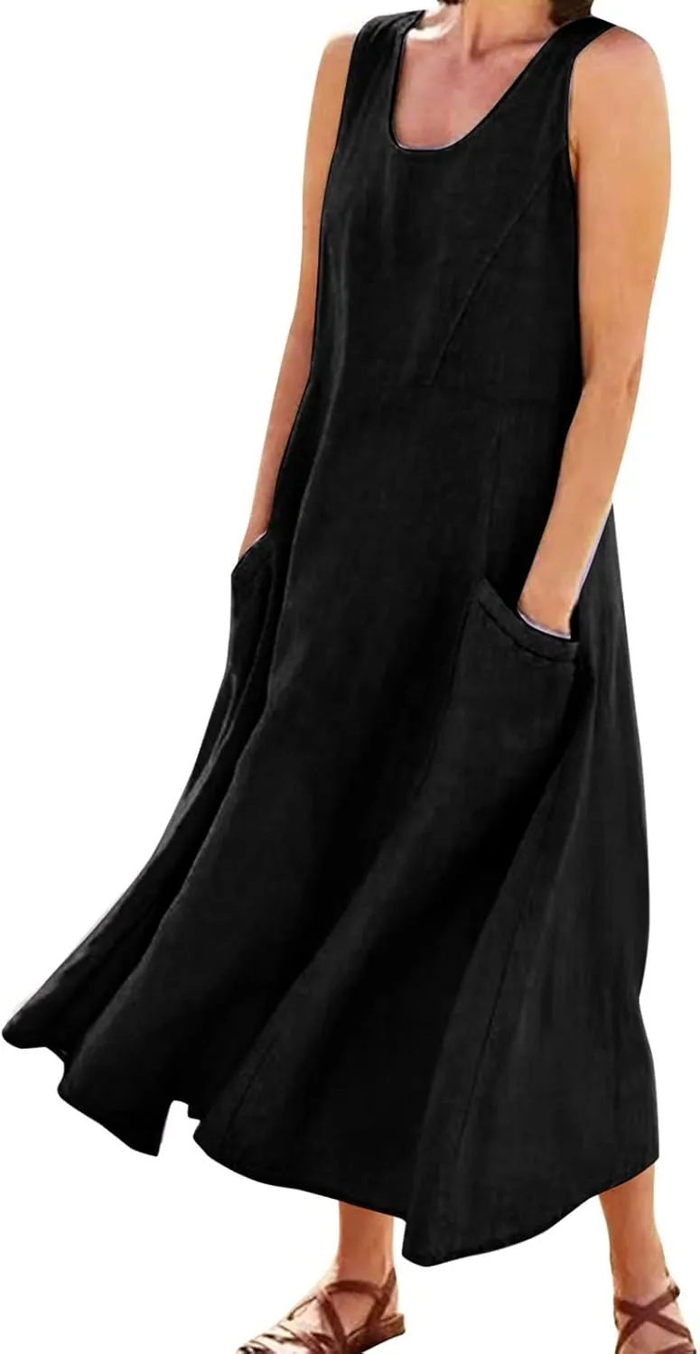 Women's Plus Size Summer Dresses Beach Sleeveless Cotton Linen Maxi Dress Flowy Boho Chic Casual Wear with Pockets