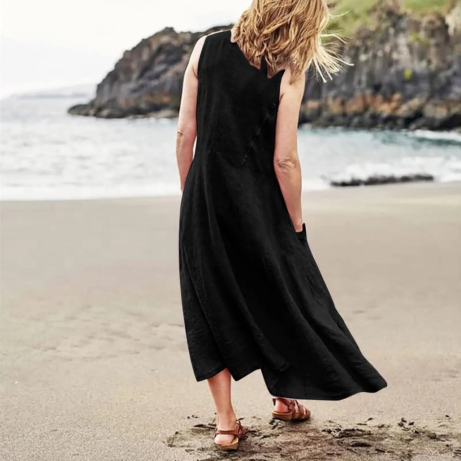Women's Plus Size Summer Dresses Beach Sleeveless Cotton Linen Maxi Dress Flowy Boho Chic Casual Wear with Pockets