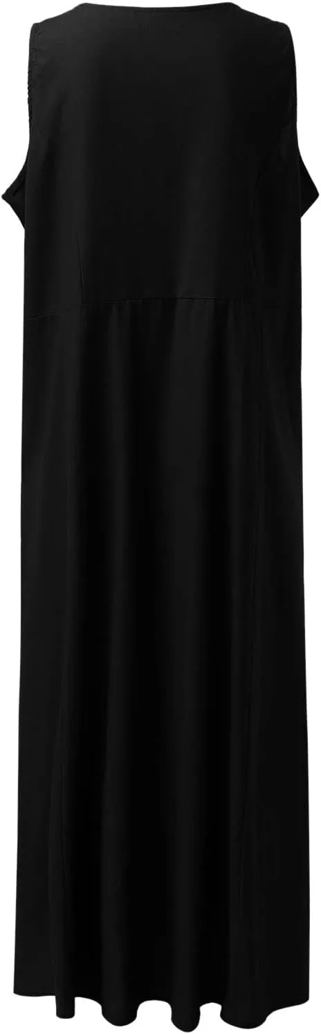 Women's Plus Size Summer Dresses Beach Sleeveless Cotton Linen Maxi Dress Flowy Boho Chic Casual Wear with Pockets