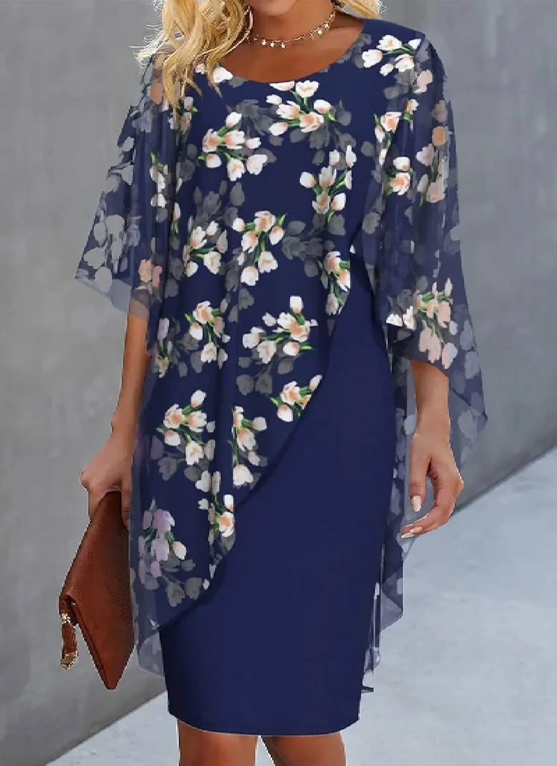 Women's Shift Floral Print Overlay Elegant Short Sleeve Blue Mini Dress Crewneck 2025 Spring Summer Stylish Dress