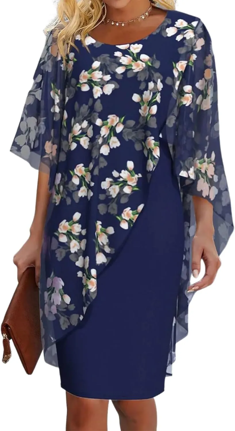 Women's Shift Floral Print Overlay Elegant Short Sleeve Blue Mini Dress Crewneck 2025 Spring Summer Stylish Dress