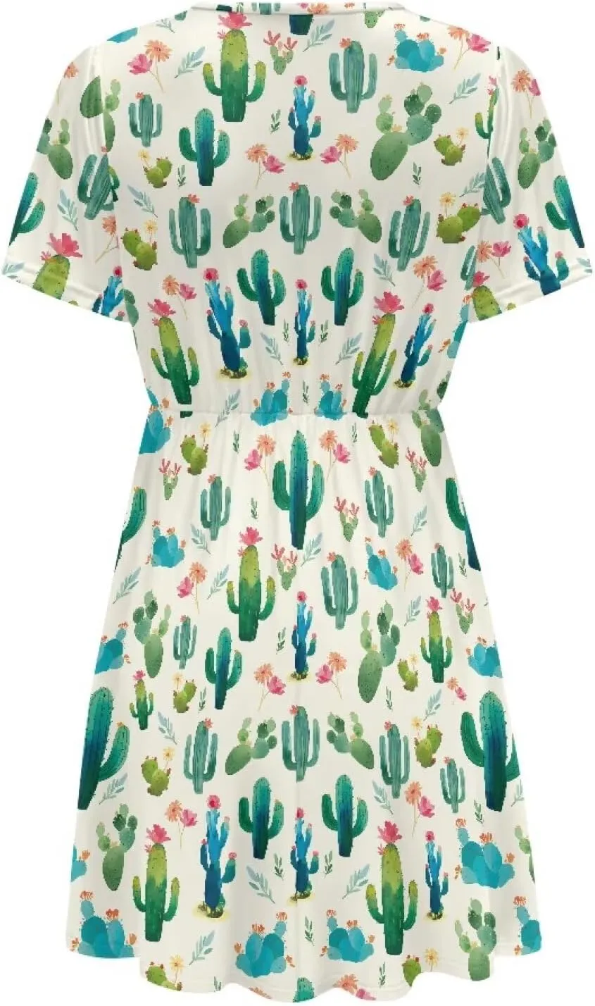 Women's Short Sleeve Dress A Line V Neck Midi Dress Soft Comfortable Knee Length Flowy Summer Dresses