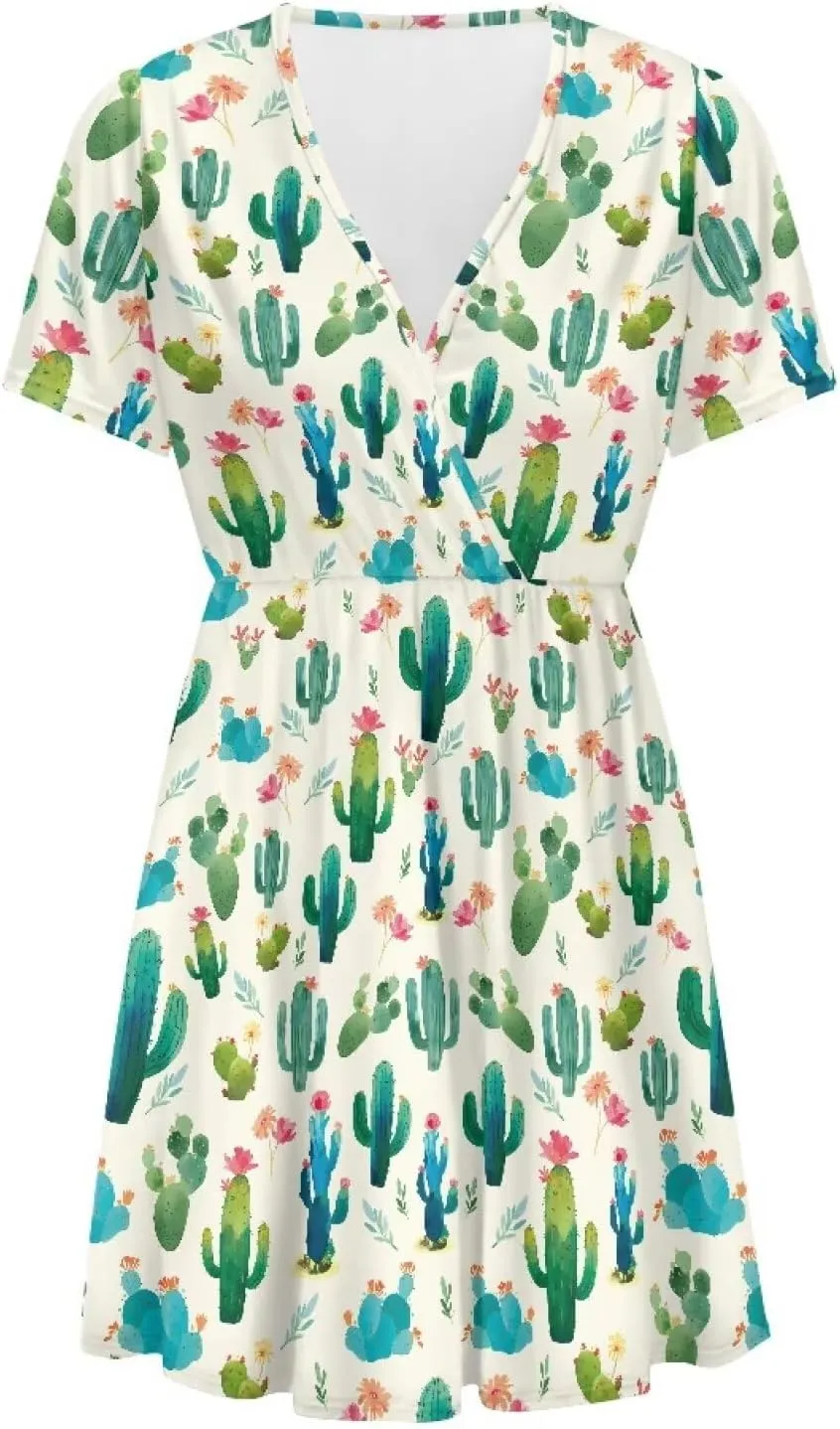 Women's Short Sleeve Dress A Line V Neck Midi Dress Soft Comfortable Knee Length Flowy Summer Dresses