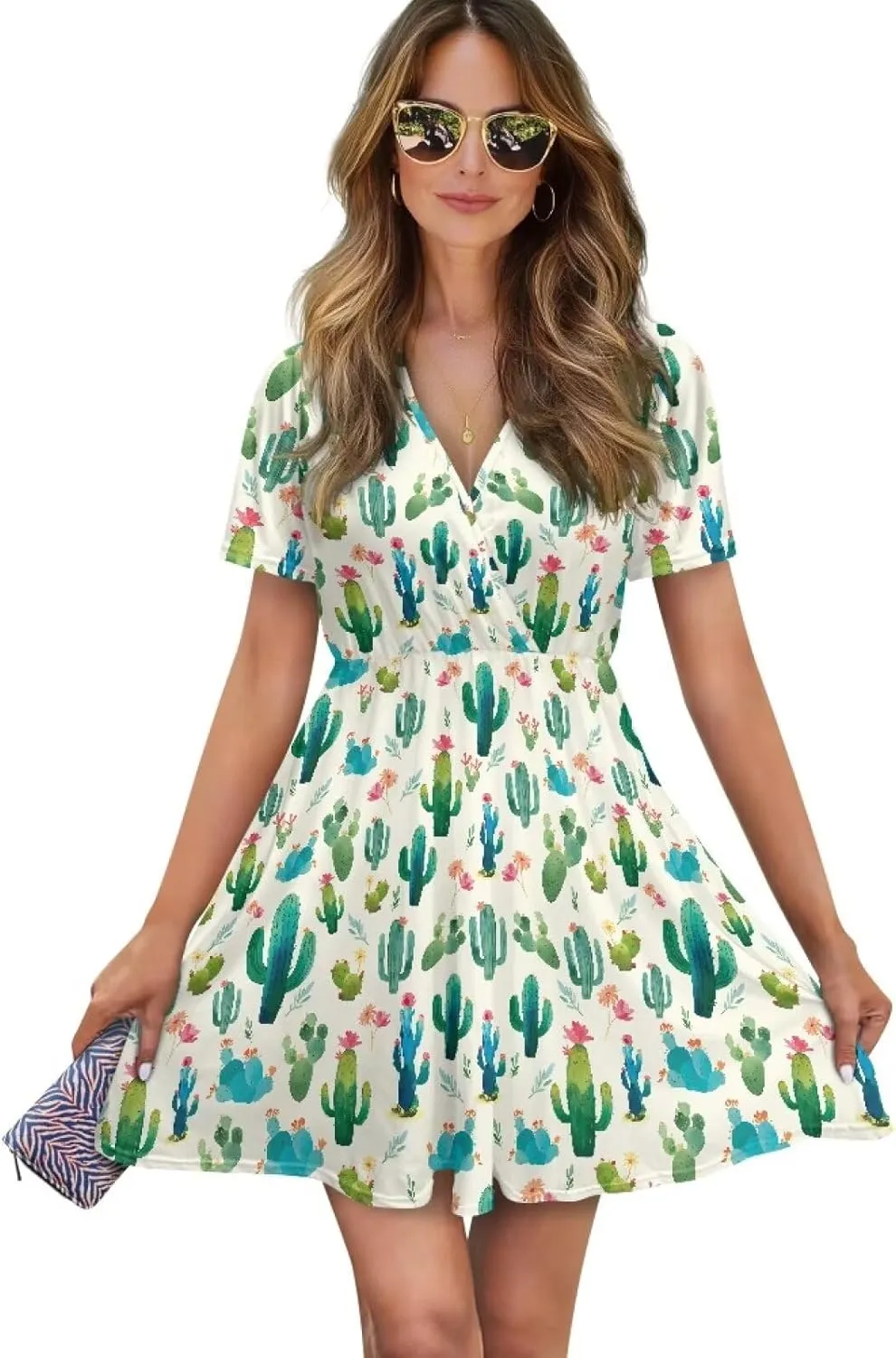Women's Short Sleeve Dress A Line V Neck Midi Dress Soft Comfortable Knee Length Flowy Summer Dresses