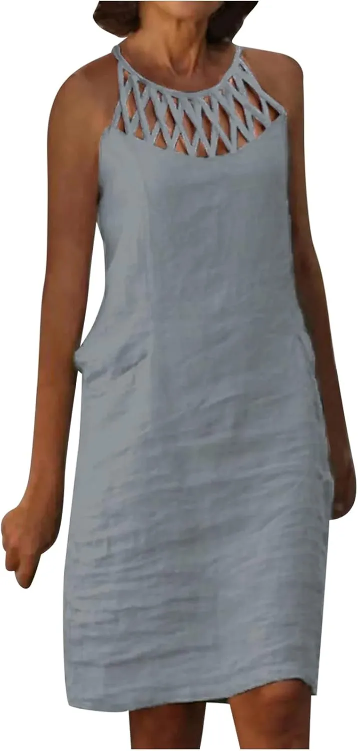 Women's Sleeveless Cut - Out Neckline Mini Dresses 2025 Casual Summer Chic Shift Dress for City Walks, Shopping Dates