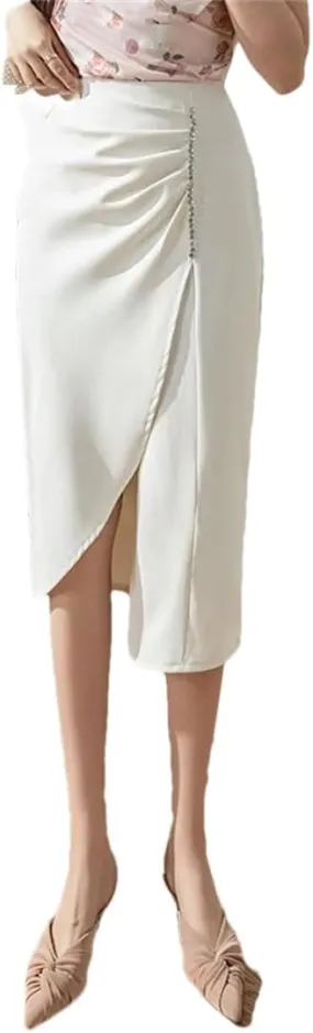 Women's Stretch High Waist Pencil Skirt Summer Fashion Asymmetric Beaded Office Slim Long Skirt