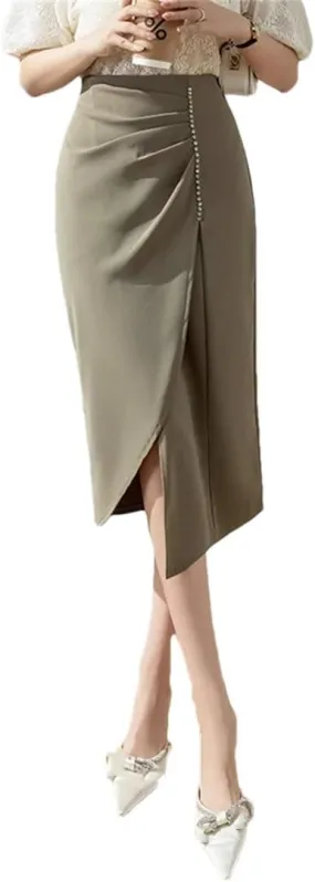 Women's Stretch High Waist Pencil Skirt Summer Fashion Asymmetric Beaded Office Slim Long Skirt