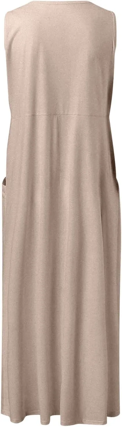 Women's Summer Solid Color Sleeveless V Neck Dress Elegant Loose Fit Casual Maxi Dress with Pockets Comfortable