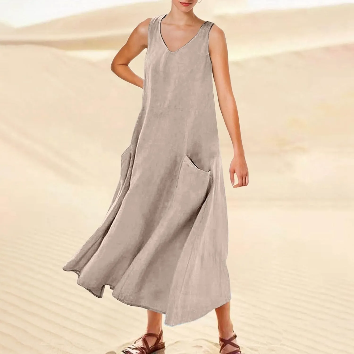 Women's Summer Solid Color Sleeveless V Neck Dress Elegant Loose Fit Casual Maxi Dress with Pockets Comfortable