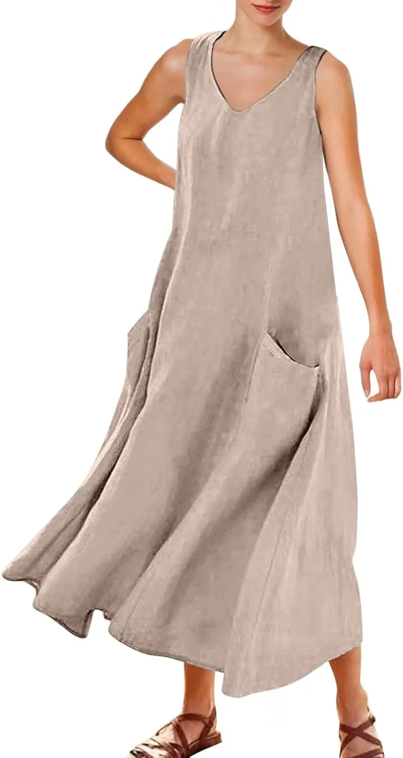 Women's Summer Solid Color Sleeveless V Neck Dress Elegant Loose Fit Casual Maxi Dress with Pockets Comfortable