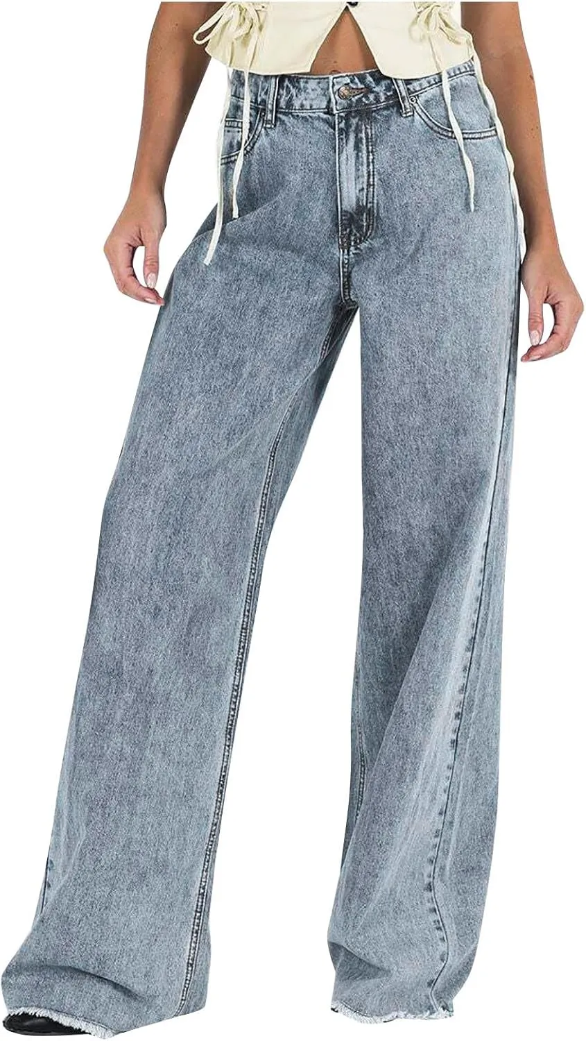 Womens Wide Leg Jeans 2024 Trendy Stretch High Waisted Pockets Loose Casual Comfortable Fall Straight Leg Denim Pants