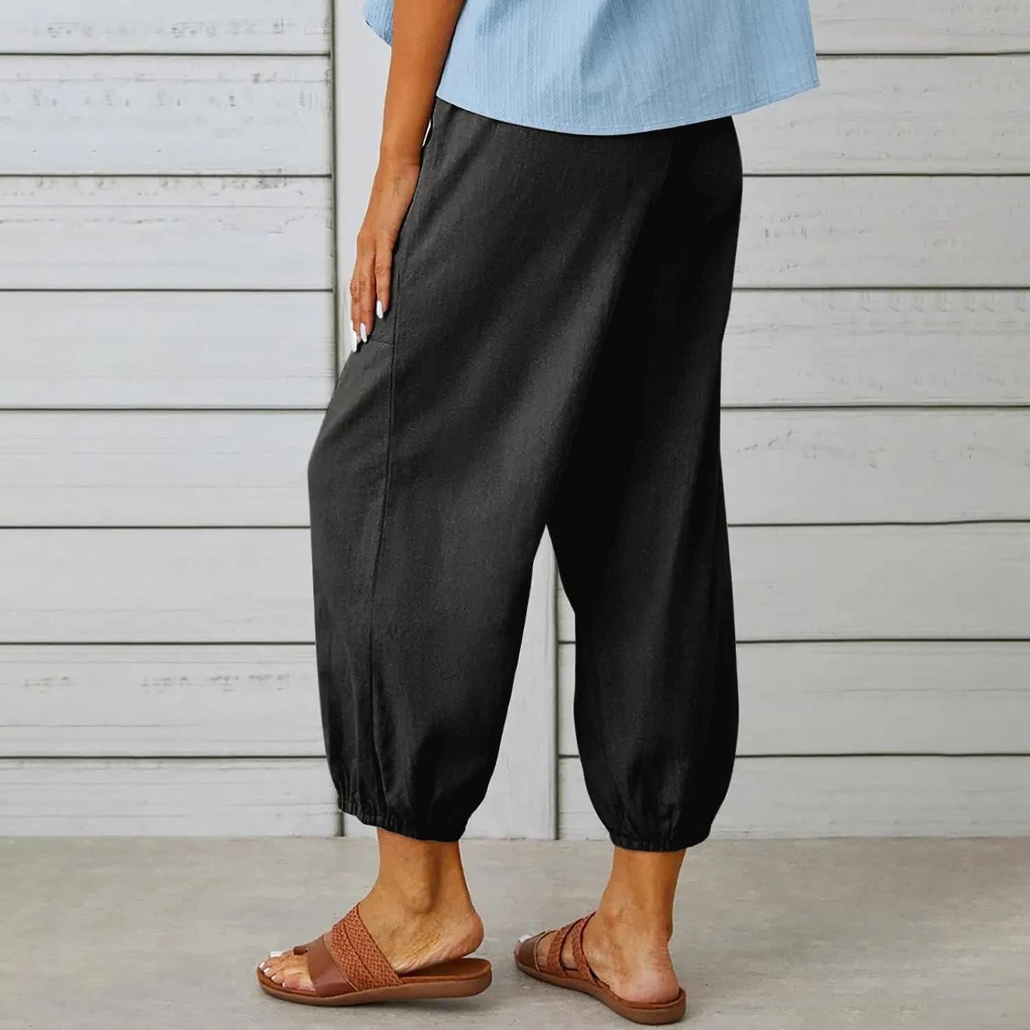 yoeasy Women Cotton and Linen Drawstring Capri Pants Casual High Waist Pocket Cropped Pants