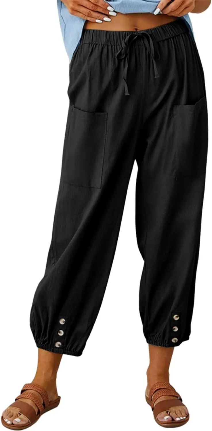 yoeasy Women Cotton and Linen Drawstring Capri Pants Casual High Waist Pocket Cropped Pants
