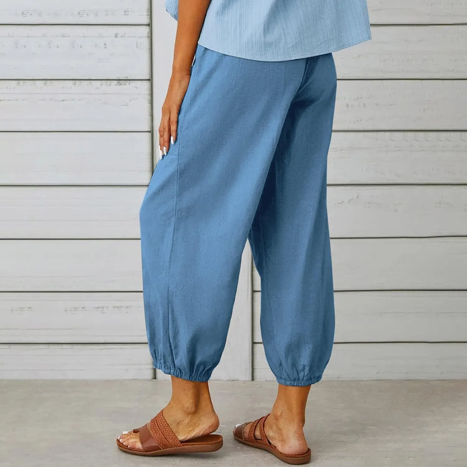 yoeasy Women Cotton and Linen Drawstring Capri Pants Casual High Waist Pocket Cropped Pants