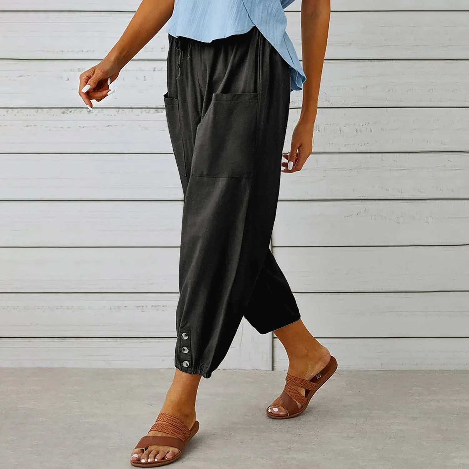 yoeasy Women Cotton and Linen Drawstring Capri Pants Casual High Waist Pocket Cropped Pants