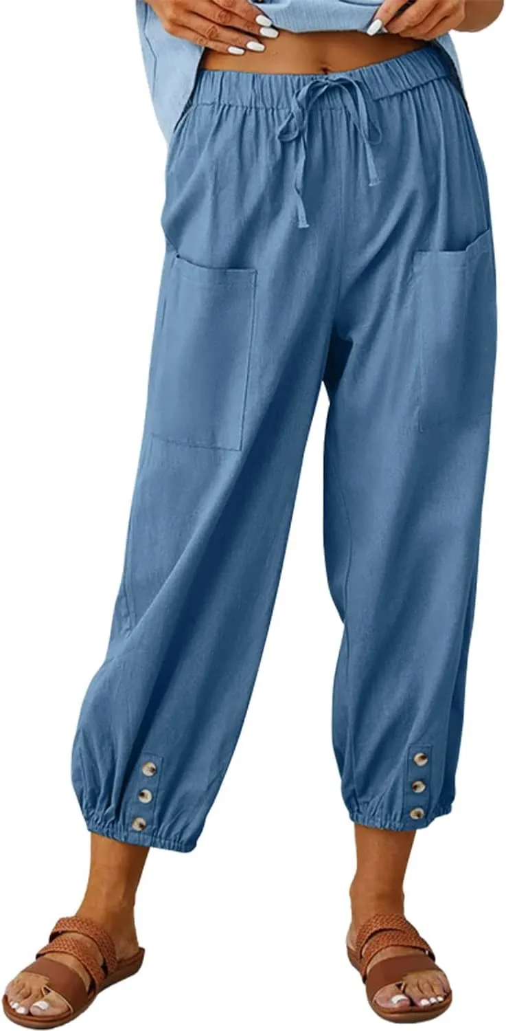 yoeasy Women Cotton and Linen Drawstring Capri Pants Casual High Waist Pocket Cropped Pants